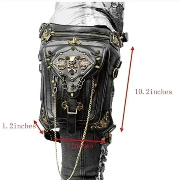 BLACK Leather Skull Waist Bag Fanny Pack Gothic Shoulder Bag Biker Rocker NWT - Picture 6 of 7
